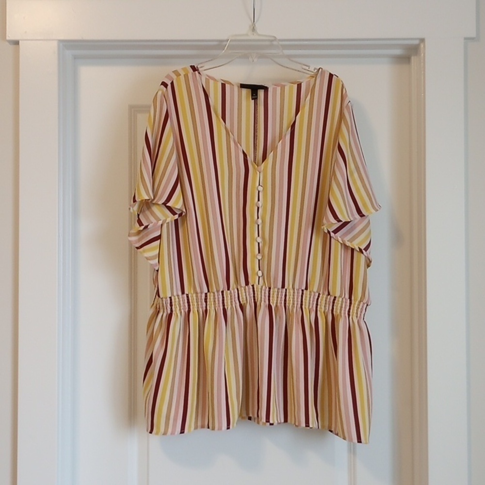 Lane Bryant Womens Peplum Top Sz 24 Short Sleeve V-Neck Smock Waist Stripe Pink